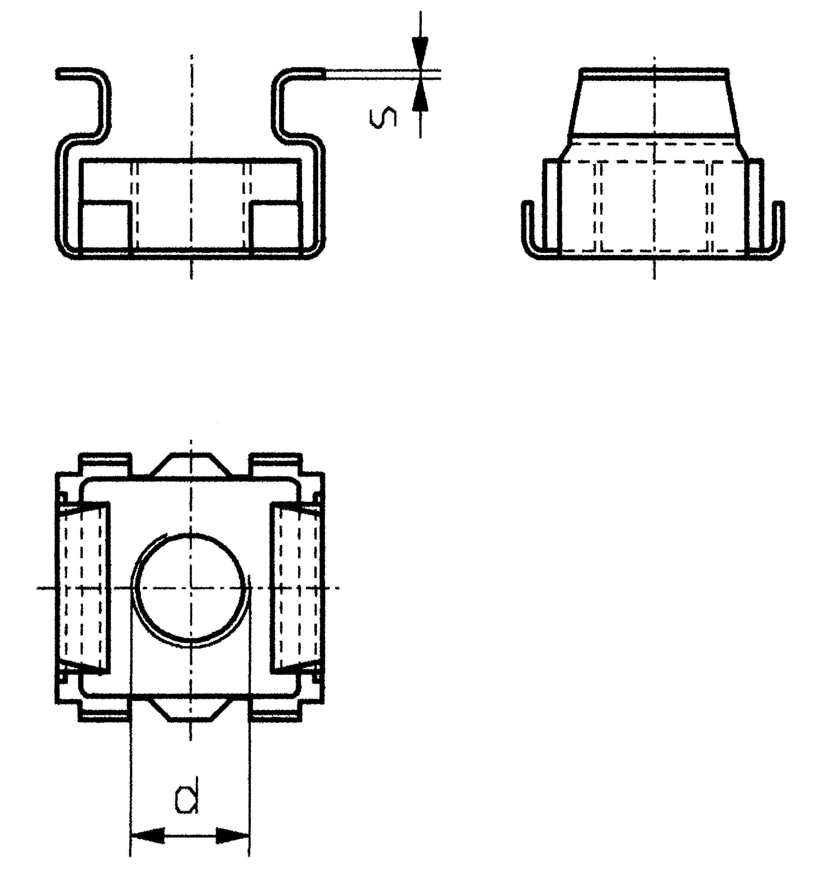 Technical drawing of a mechanical component with three views: front view, side view, and top view. Important dimensions are 's' and 'd'.