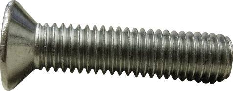 A single metal screw with a flat head, positioned horizontally on a white background.