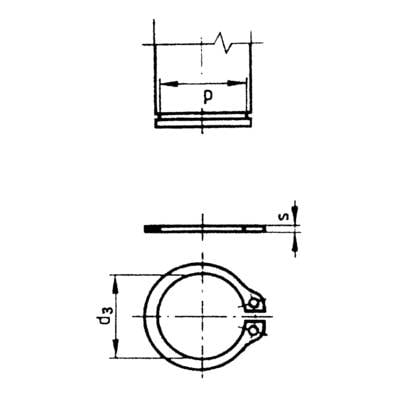 Construction drawing of a retaining ring with dimensional specifications: internal diameter 'd3', thickness 's', and span 'p'.