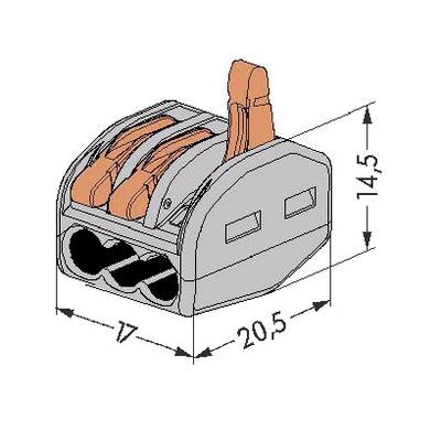 Electrical connector with two terminals. Dimensions: Width 20.5 mm, Height 14.5 mm, Depth 17 mm. Housing grey, lever orange.