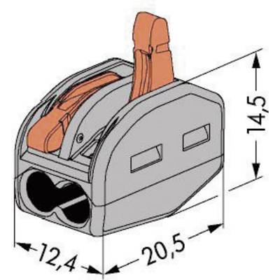 Two-pole line connector with pressure lever, grey housing, 20.5 mm length, 12.4 mm width, 14.5 mm height.