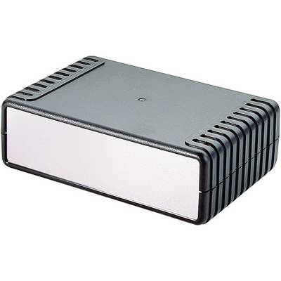A rectangular, black enclosure with ribbed sides and a white front panel. Ideal for electronic devices.