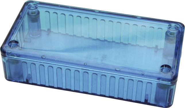 Blue-translucent plastic box with a rectangular shape, suitable for storing small items or electronic components.