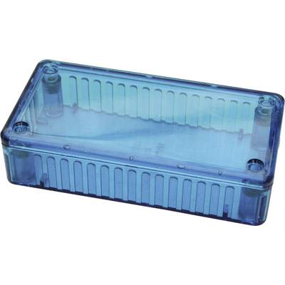 Blue-translucent plastic box with a rectangular shape, suitable for storing small items or electronic components.
