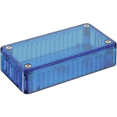 A rectangular, blue plastic enclosure with a transparent lid and four silver screws at the corners, possibly for electronic components.
