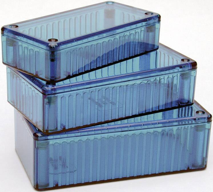 Three blue, stackable plastic storage boxes of varying sizes stacked on top of each other, against a white background.