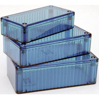 Three blue, stackable plastic storage boxes of varying sizes stacked on top of each other, against a white background.