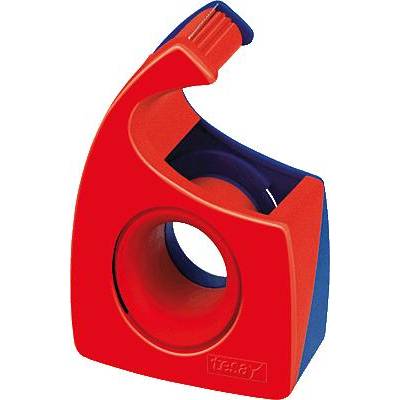 Red and blue plastic tape dispenser suitable for small tape rolls.