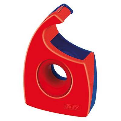 Red tape dispenser with a circular opening in the middle and a blue interior surface, suitable for office organisation.