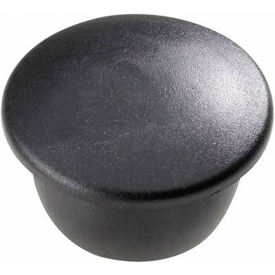 Black, round plastic stopper, used for covering holes or ends in furniture or other surfaces.