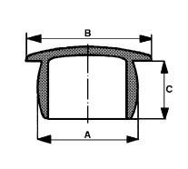 Cross-section of a sealing profile with dimensions: A for width, B for upper length and C for height. Arrows indicate measurement directions.