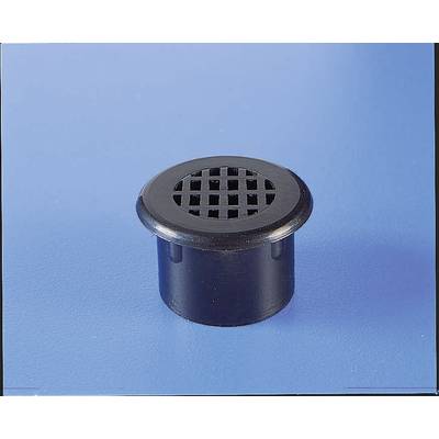 Round black plastic grid insert on a blue background.