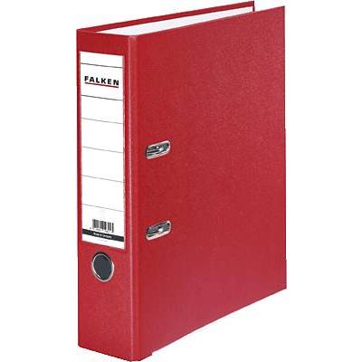A red lever arch file with two lever mechanisms and a label reading 'FALKEN'. Suitable for document organisation.