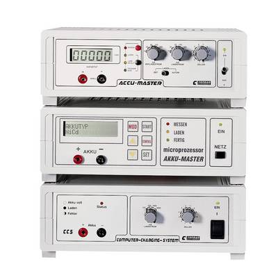 Stack of three technical devices for battery charging, with switches, indicators and controls. Top device shows '0' on digital display.