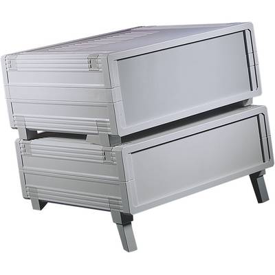 Two stackable grey metal enclosures with side ventilation slots and folding front panels, standing on short legs.