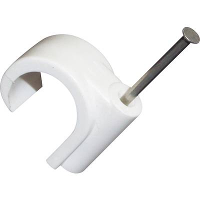 White plastic cable clip with steel nail for securing cables to walls.