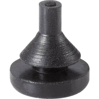A black round plastic stopper with a conical central section and a protruding slender end, used as a closure.