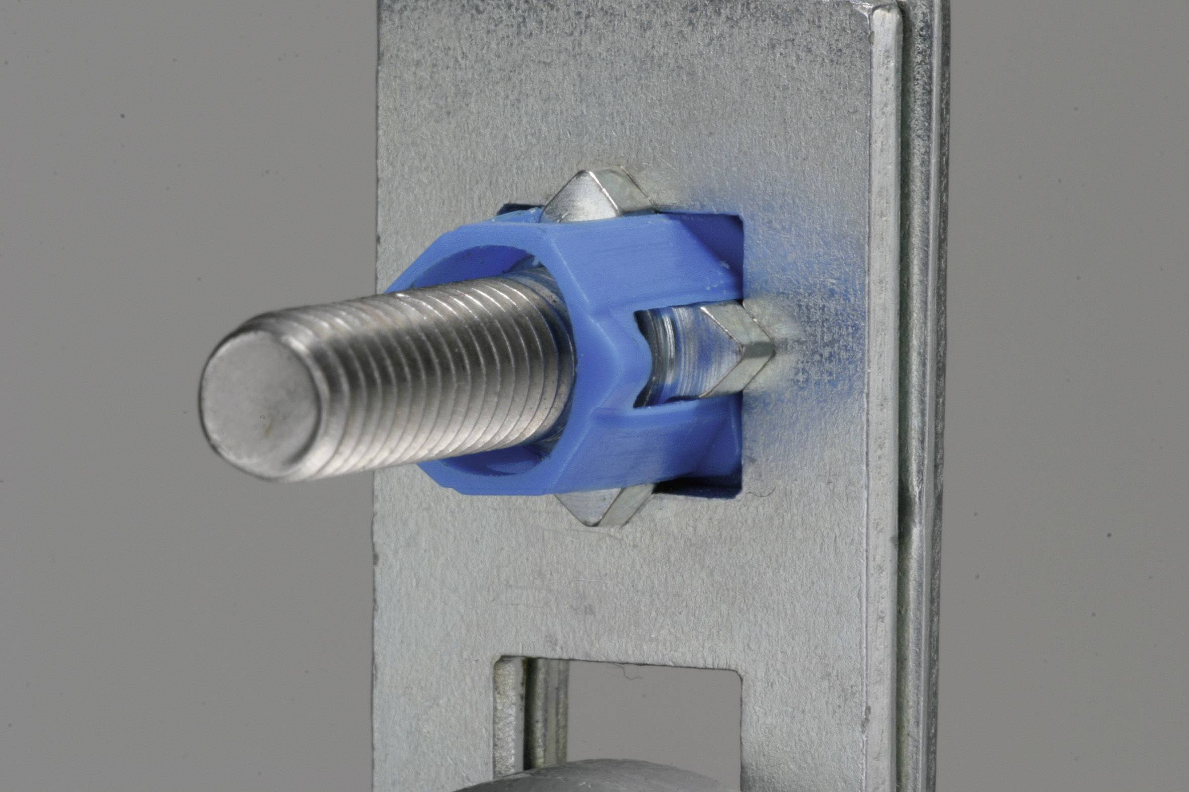 Metal bolt fixed to a metal plate with a blue plastic mounting bracket.