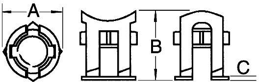 Technical drawing of a component with cross-sectional view. Markers indicate dimensions A, B and C, which show the size.