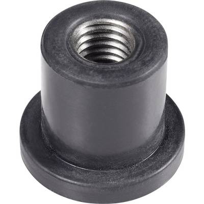 Black, cylindrical plastic component with a central, internal metal thread. Suitable for fixing or mounting.