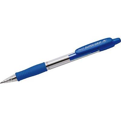 A blue ballpoint pen with a transparent casing and a rubberised grip zone. The clip is printed with 'Pilot Super Grip M'.