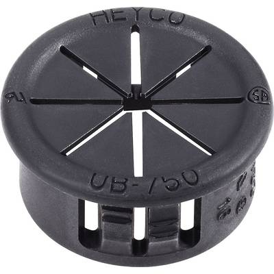 Black plastic cable guide with six spokes, marked with 'HEYCO UB-750'. Used for cable management.