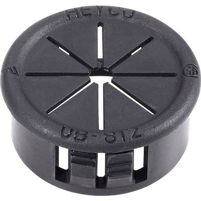Black plastic blanking plug with slots and inscription 'HEYCO UB-612'. Used for cable entry in enclosures.