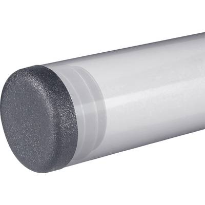 A transparent plastic tube with a black, sealed end cap, used for storing or dispatching small items.