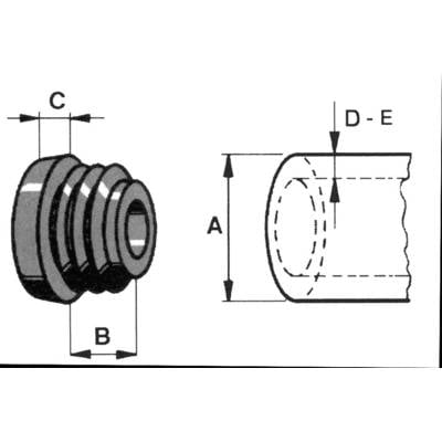 Technical drawing of a cylindrical part with thread, dimensions: A, B, C, D, E. Left side view, right diameter view.