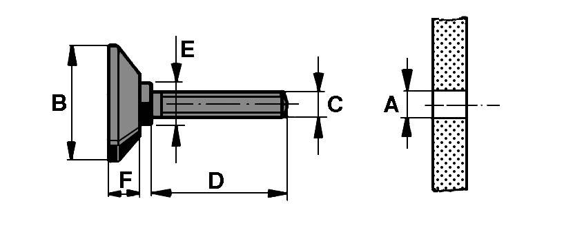 Technical drawing of a screw bolt with measurements marked from A to F. Side view and front view representation.