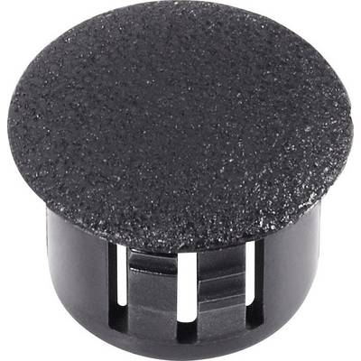 Black plastic stopper with a round head and slots, used for sealing or covering holes in surfaces.