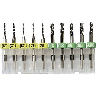 A set of nine precision drill bits in varying sizes, ranging from 1.20 mm to 3.00 mm, arranged in a holder.