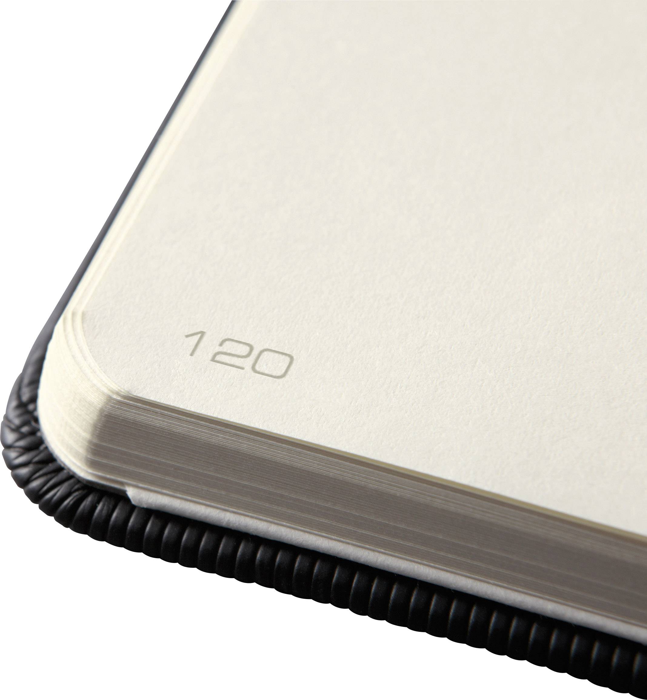 Open notebook with white pages, page number '120' on the side. Cover corners are visible.