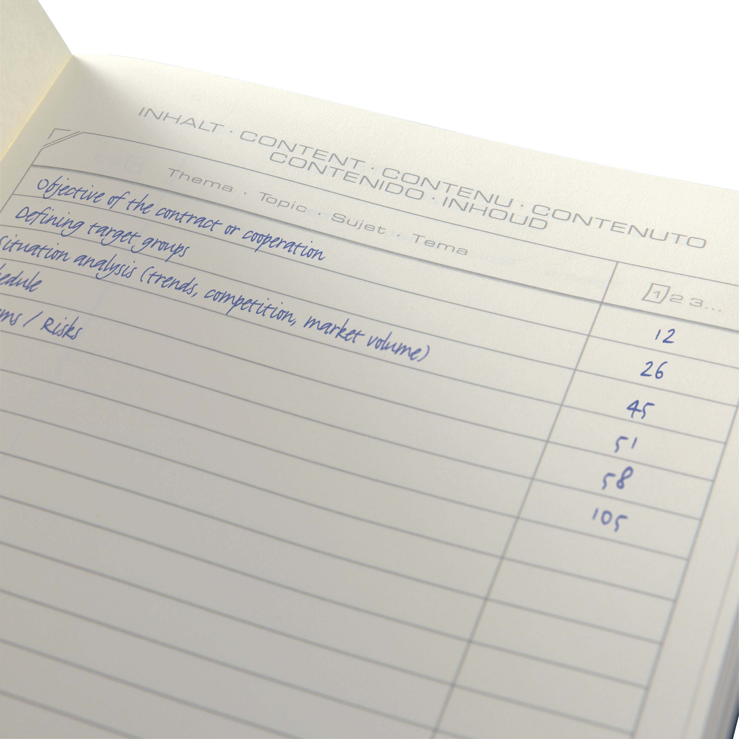 Opened notebook with a table header 'Contents'. It lists topics such as 'Objective of the Company' and their corresponding page numbers.