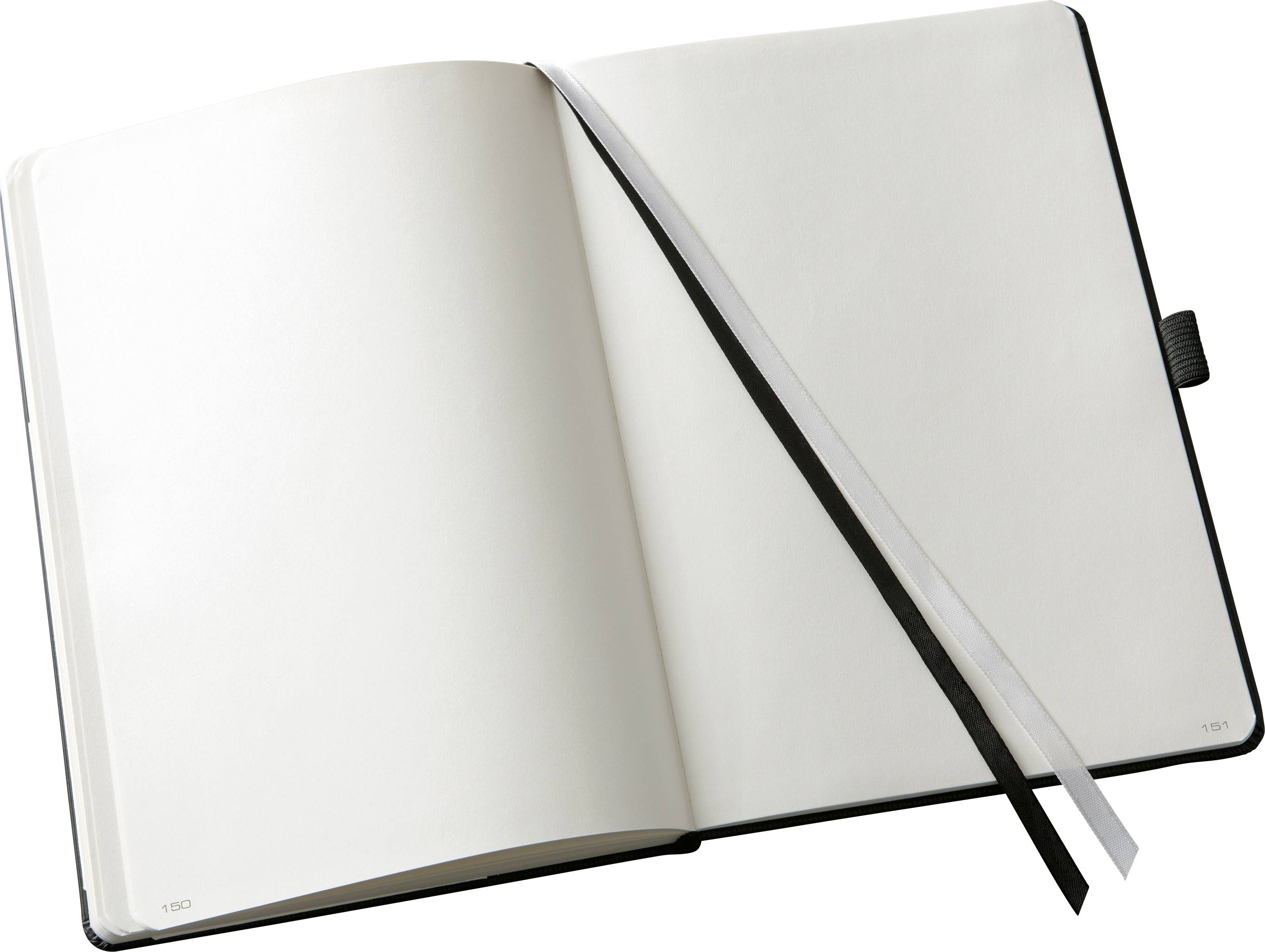 An open notebook with blank white pages and two bookmark ribbons, one black and one white.