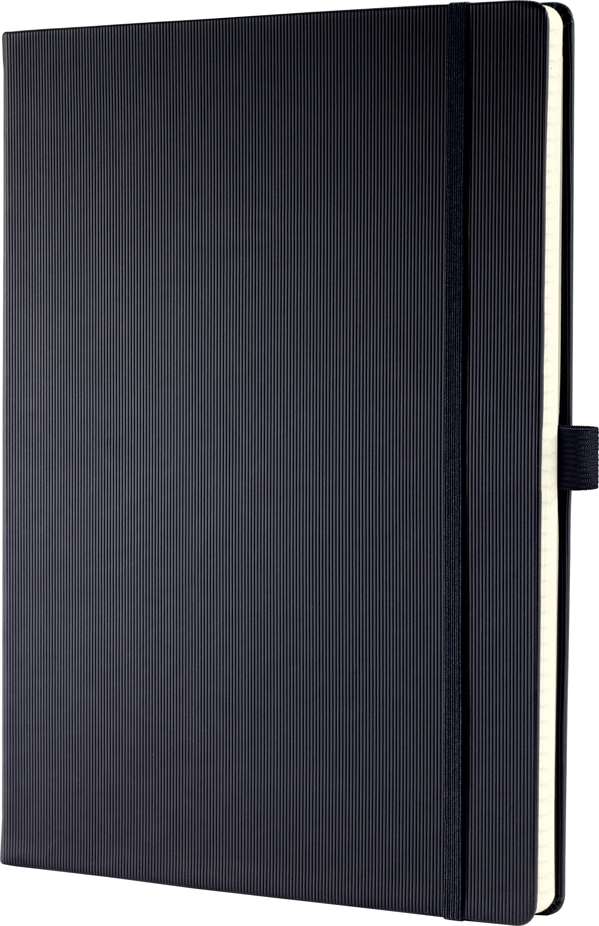 A closed, black notebook with a hardback cover, vertical stripes, and an elastic closure loop on the side.