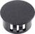 Round black plastic cap with angled ventilation slots on the side. Used for covering and ventilating openings.