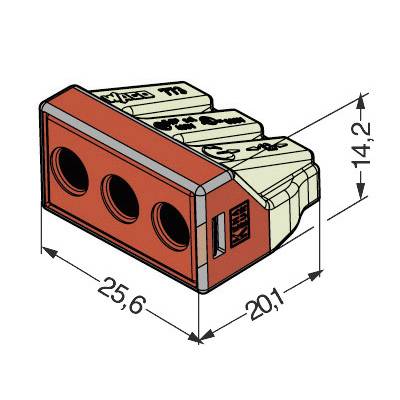 Electrical connector with three connection openings, in red and grey, with drawn dimensions: 25.6 mm length, 14.2 mm height.
