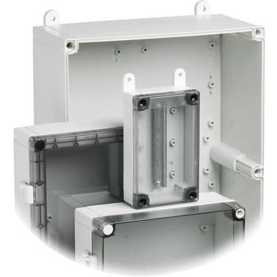 Several grey, rectangular plastic electrical enclosures of varying sizes, displayed open.