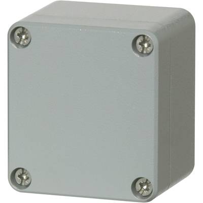 Metal enclosure with a square shape and rounded corners, secured with four screws at the corners.