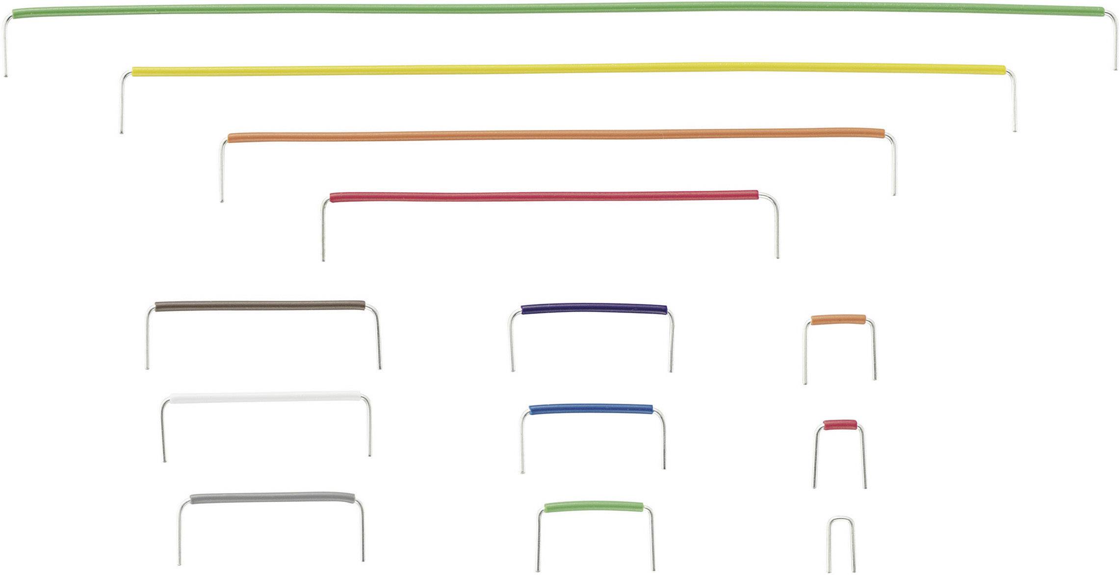 Various colourful wire bridges, sorted by length. Used for connecting points on a breadboard.