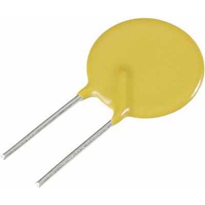 Yellow, round disc capacitor with two metal terminals, often used in electrical circuits for voltage control.
