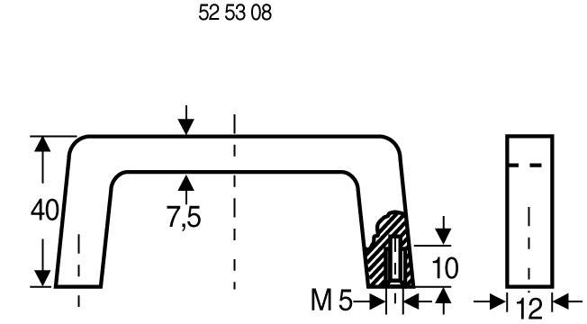 Technical Drawing of a Curved Metal Bracket with Dimensions: 40 mm high, 52 mm wide, Recess 7.5 mm, M5 Screw Hole