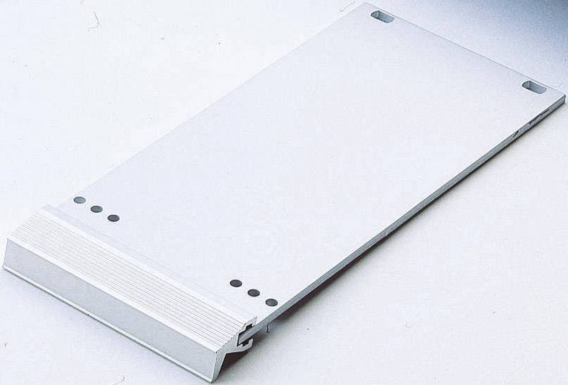 Silver sheet metal with rounded corners and punched holes, resting on a white surface.