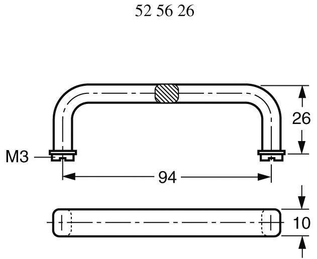 Technical drawing of a U-shaped metal handle, length 94 mm, height 26 mm. Screw hole with M3 thread.