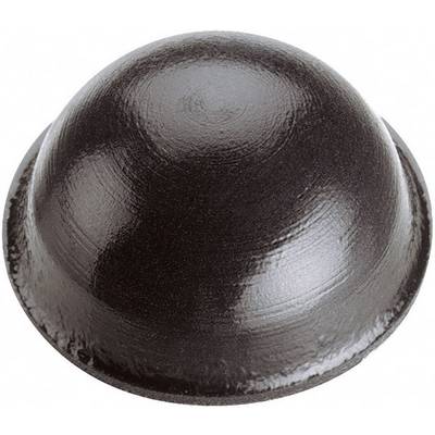 A black, round door stop with a smooth surface and slightly convex shape.