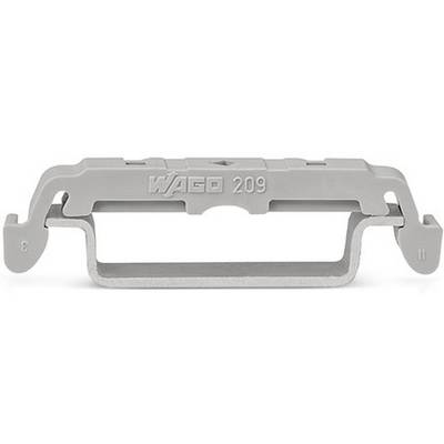 Grey WAGO mounting bracket Model 209, front view. Rectangular shape with side fixings.