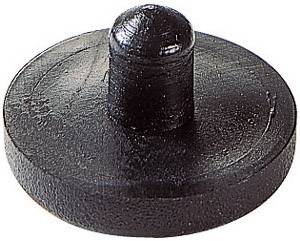 A black, round plastic button with a protruding cylinder on its top surface.