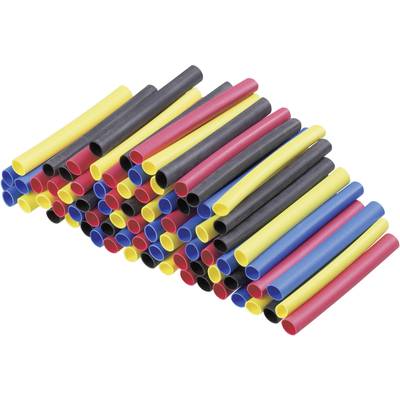 Colourful heat-shrink tubes in various colours (black, red, yellow, blue) stacked on top of each other.