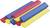 Ten rainbow tubes in red, blue and yellow lie side by side.